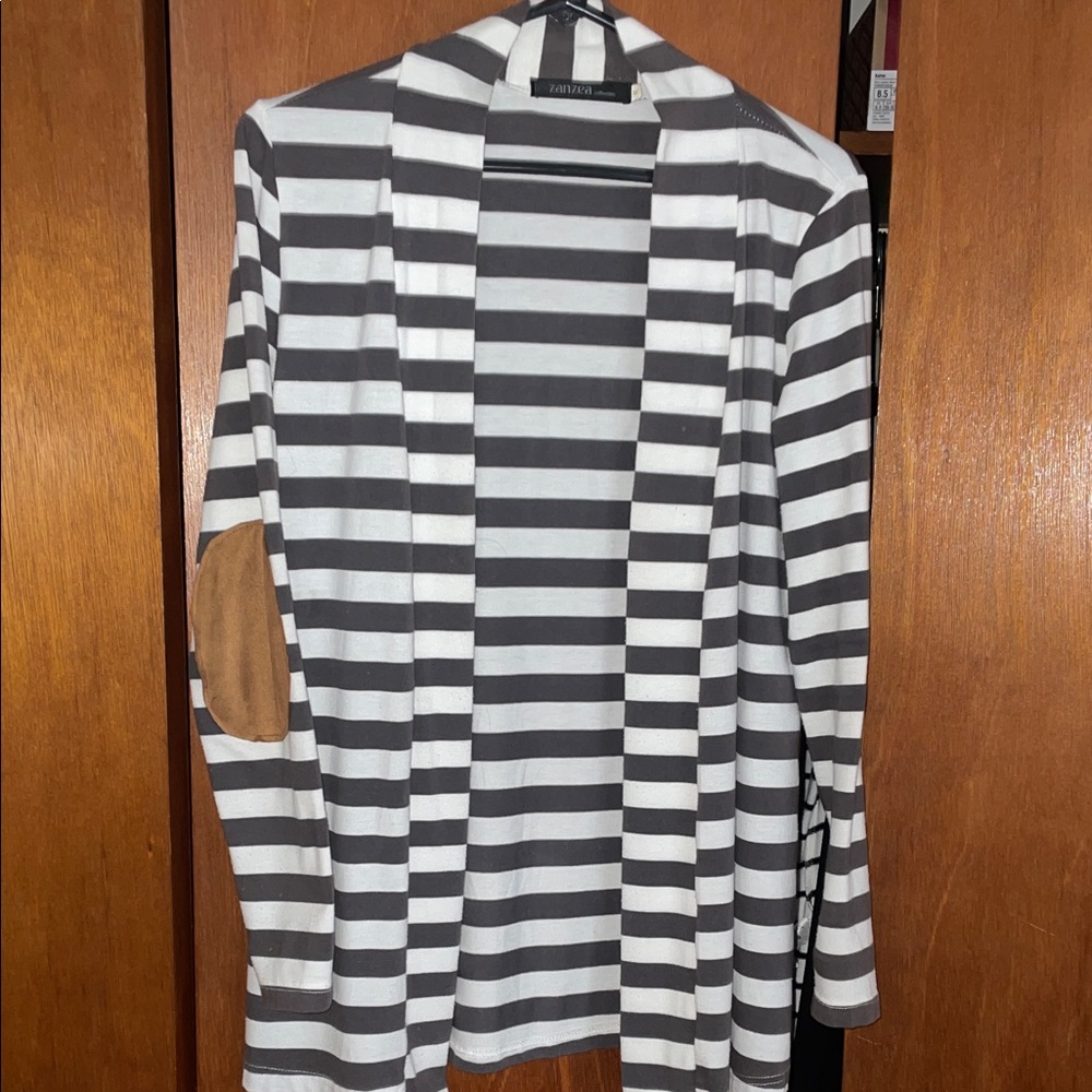 Zanzea Blue and White Striped Cardigan with Elbow Patches